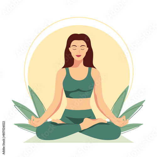 Beautiful girl with a long hair sitting in lotus pose on sun and plants background. Meditating and yoga. International yoga day. Vector illustration