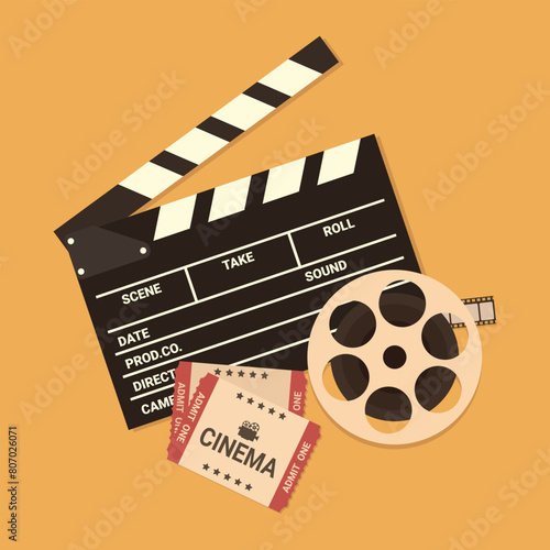 Movie poster template. Retro Cinema background with an open clapper board, film reel and movie tickets. Vector illustration in flat style