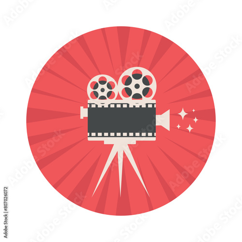 Retro video camera emblem. Cinema and filmmaking concept. Vector illustration