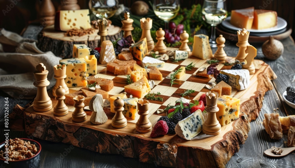 An elaborate cheese board presented as a chessboard, with pieces made of various cheese types