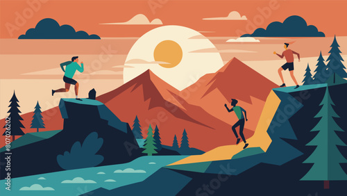 From sunrise to sunset the fierce competition rages on as athletes test their limits and embrace the challenge of the national parks rugged terrain.. Vector illustration