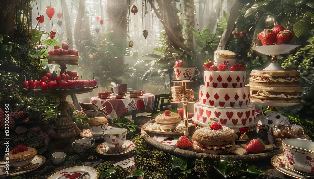 An elaborate tea party scene where cakes and scones are arranged on giant playing cards