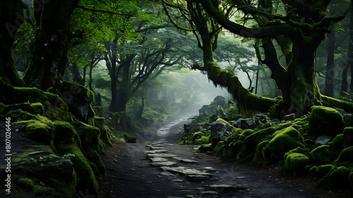 Mystical Fog: Write about a forest where fog conceals ancient secrets. photo