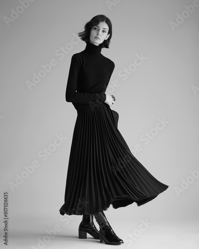 Female model in a stylish black outfit mid-twirl, woman in a black dress and boots poses for a picture, dark moody monochrome colors