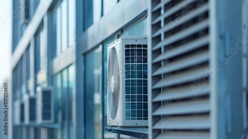 An air conditioner is securely mounted on the side of a commercial building, providing cooling comfort efficiently. © Emiliia