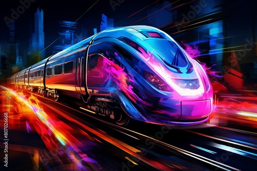 Vibrant neon lights illuminate the futuristic cityscape as a high-speed train streaks through the bustling city center, digital painting the dynamic energy of urban life.