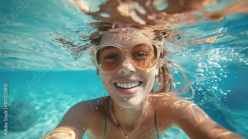 Funny young girl in sunglasses swimming in the sea, capturing joyful summer moments