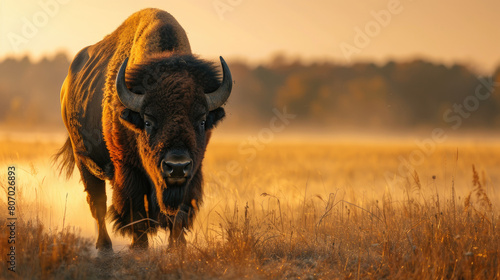 A majestic bison against the backdrop of a shining sunset on the savanna photo