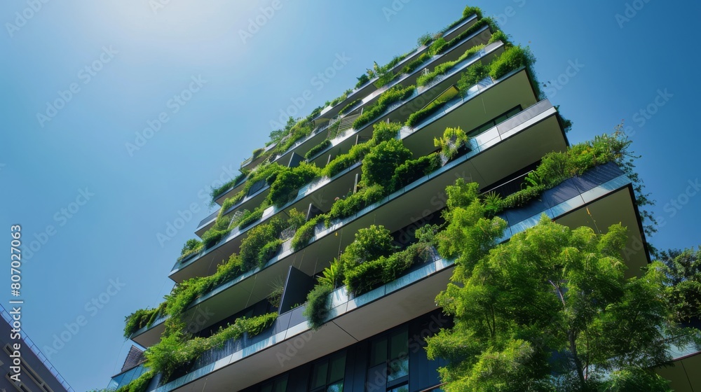 A tall building towering over the cityscape, adorned with lush green plants climbing its exterior walls.