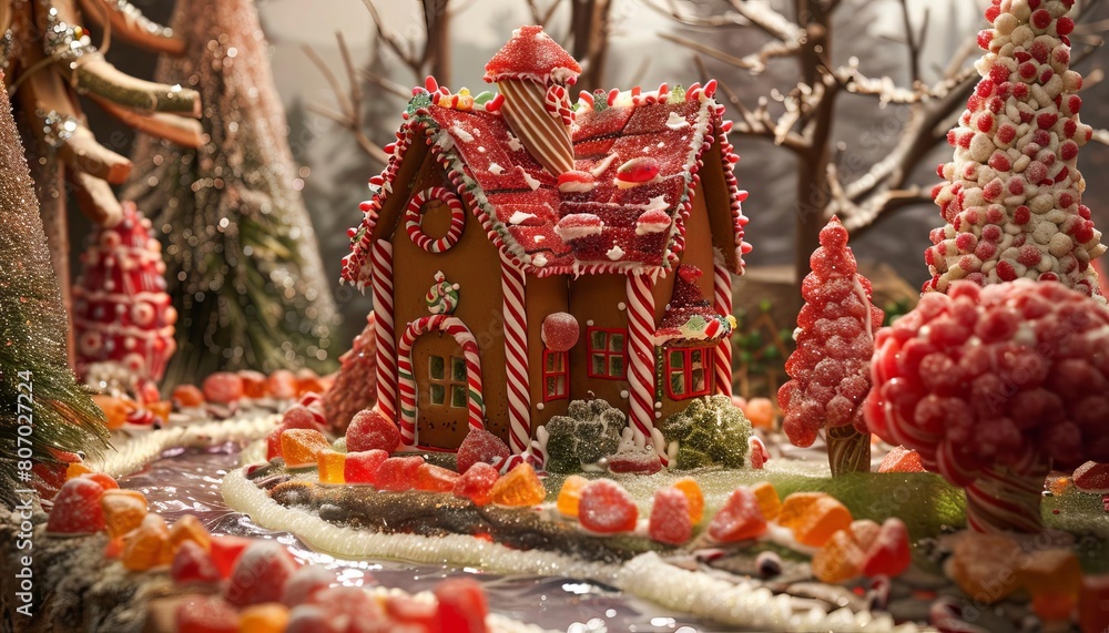 Naklejka premium An enchanted gingerbread house surrounded by edible candy cane trees and marzipan rivers