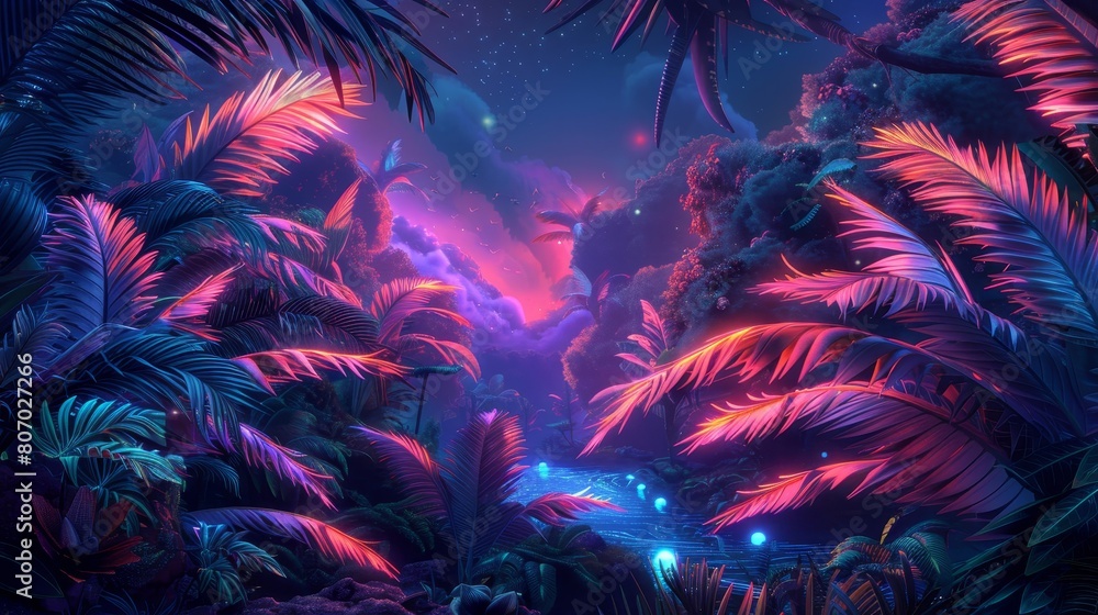 Capture a panoramic view of robotic wildlife with intricate metallic feathers reflecting a neon-lit jungle, blending realism and surrealism seamlessly Capture a panoramic view of robotic wildlife with intricate metallic feathers reflecting a neon-lit jungle, blending realism and surrealism seamlessly