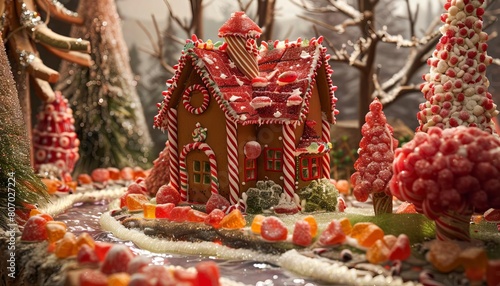 An enchanted gingerbread house surrounded by edible candy cane trees and marzipan rivers