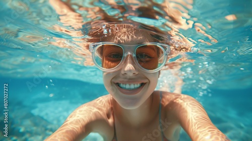 Funny young girl in sunglasses swimming in the sea, capturing joyful summer moments