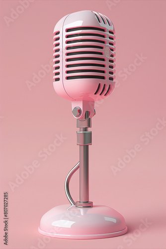 A retro microphone painted in soft pink captures the essence of oldtime broadcasts in a minimalist scene its design evoking the golden age of radio. Generative ai. photo