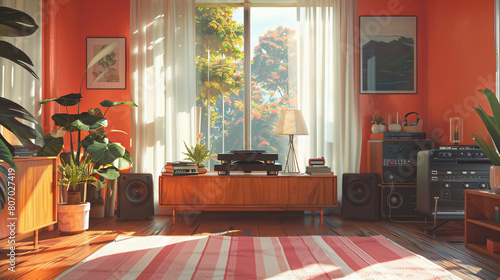 Mid-century room, a vintage record player on a wooden table, surrounded by lush indoor plants. Sounds of music recorded on a vinyl disk in a retro living room. Genenrativ ai.