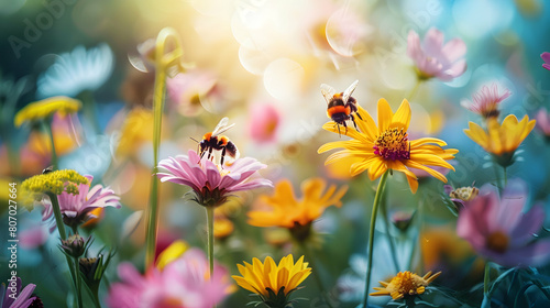 Macro shot of insects pollinating wildflowers emphasizes vital role of pollinators in ecosystem   Photo realistic concept capturing insect life on wildflowers