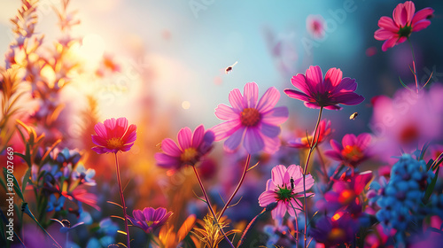 Macro shot of insects pollinating wildflowers, highlighting the critical role of pollinators in the ecosystem Photo realistic Insect life on wildflowers concept