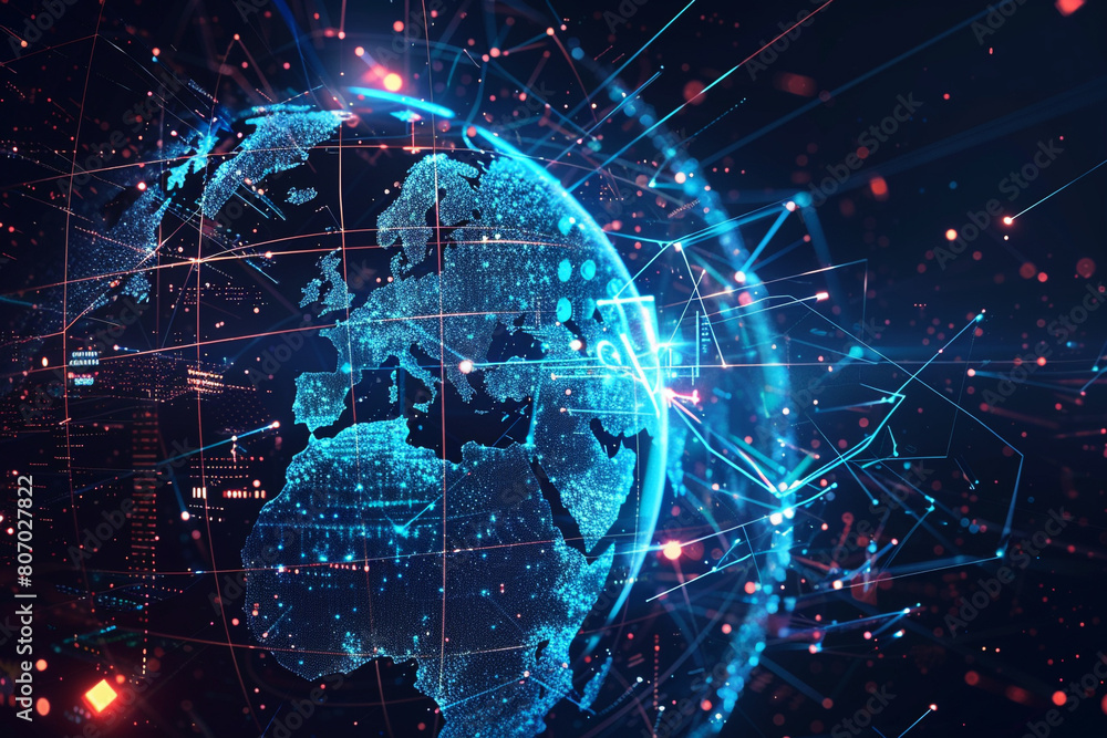 Digital representation of a glowing global network showcasing international connectivity and data exchange across the world. The world is being driven by AI technology and large amounts of data.