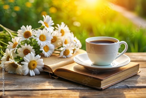 cup of tea and flowers on wooden table, Coffee, daisies and a book