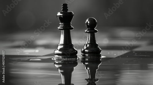 A little silver pawn chess piece standing with the win near a fallen golden queen chess piece on a chessboard on dark background. Leadership, winner,