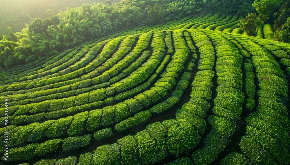 An aerial view of a green tea field, showcasing the lush patterns of the plantation from above, ideal for backgrounds related to agriculture, organic farming, and landscape views An aerial view of a green tea field, showcasing the lush patterns of the plantation from above, ideal for backgrounds related to agriculture, organic farming, and landscape views