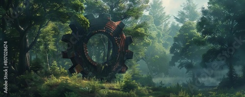 An illustration of a giant gear emerging from a forest clearing, symbolizing the struggle between nature and technology photo