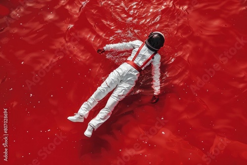 Astronaut floating in red liquid pool on red background, conceptual space exploration in uncharted territory
