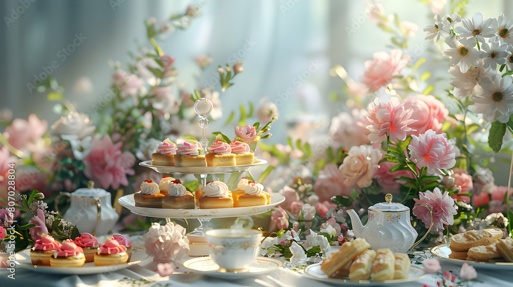 Elegant Tea Party Honoring Mothers with Fine Teas, Pastries, and Heartfelt Conversations Photo Realistic Elegant Tea Party Honoring Mothers with Fine Teas, Pastries, and Heartfelt Conversations Photo Realistic
