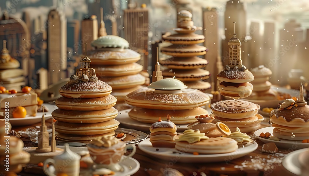 An imaginative breakfast spread where pancakes resemble flying saucers and waffles look like cityscapes An imaginative breakfast spread where pancakes resemble flying saucers and waffles look like cityscapes