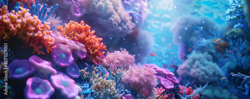 Transport your audience into a futuristic realm through a high-angle view of Cybernetic Fusion corals Imagine vibrant corals fused with holographic elements © panyawatt