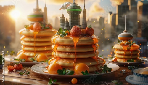 An imaginative breakfast spread where pancakes resemble flying saucers and waffles look like cityscapes