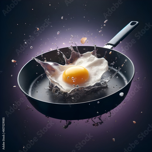 cooking fried egg breakfast in frying pan, floating frying pan effect, splash effect, cooking eggs, isolated plain background photo