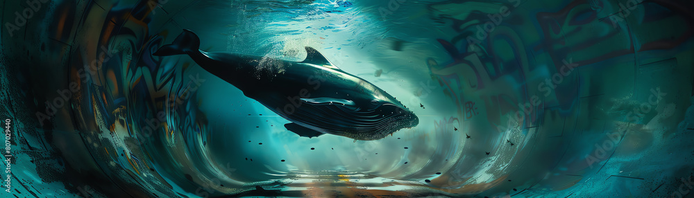 Fototapeta premium Visualize a mind-bending portrayal of a digital whale diving through a graffiti tunnel