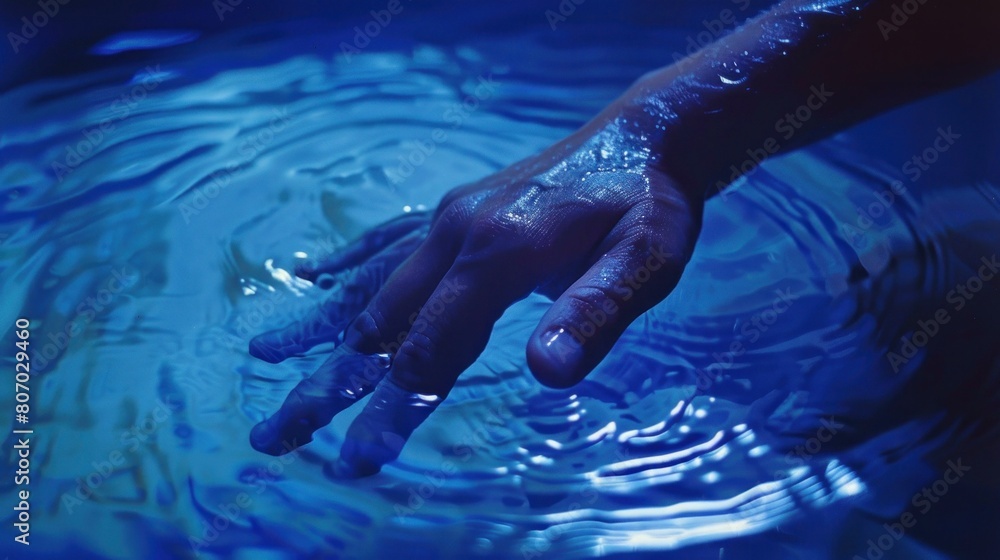 Fototapeta premium Closeup view of a hand in a rippling blue pool of water, creating soothing and peaceful waves