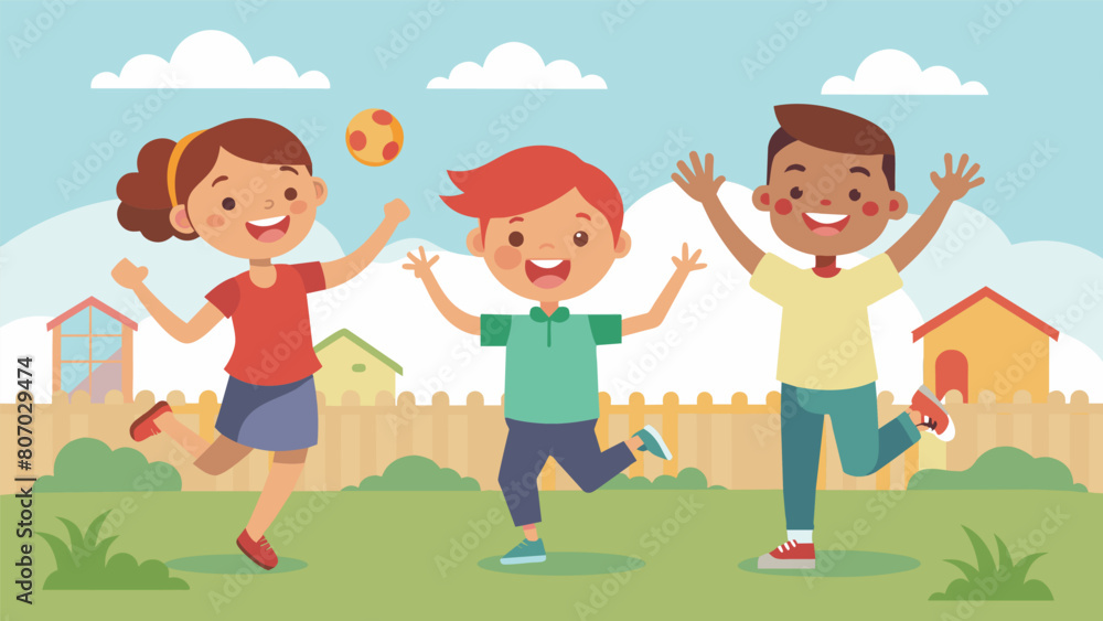 A group of siblings rejoicing and jumping up and down in their backyard as they hit a makeshift home run with a wiffle ball.. Vector illustration