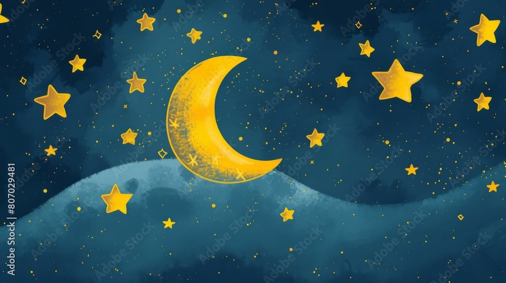 Naklejka premium Whimsical Night Sky with Crescent Moon and Stars Illustration