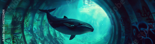 Visualize a mind-bending portrayal of a digital whale diving through a graffiti tunnel