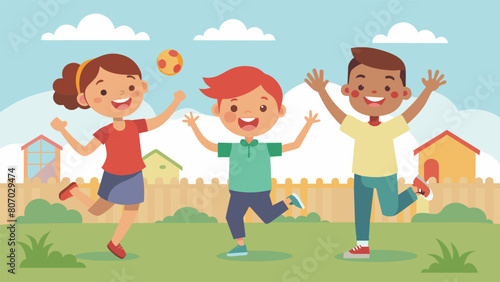 A group of siblings rejoicing and jumping up and down in their backyard as they hit a makeshift home run with a wiffle ball.. Vector illustration