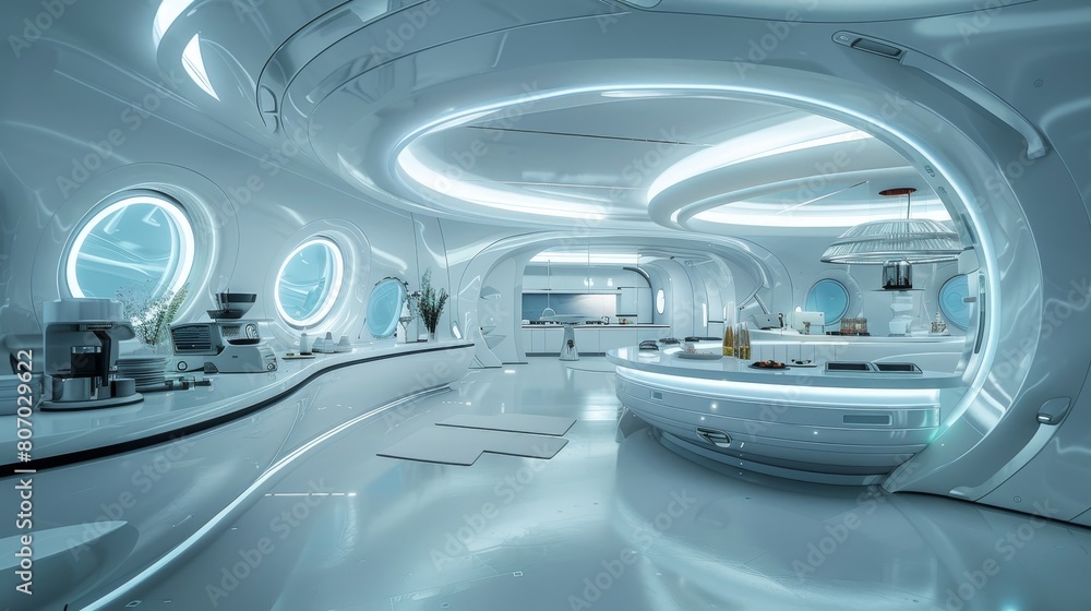 Fototapeta premium Capture the panoramic view of a futuristic laboratory kitchen, showcasing high-tech gadgets blending seamlessly with culinary artistry under sleek, ambient lighting