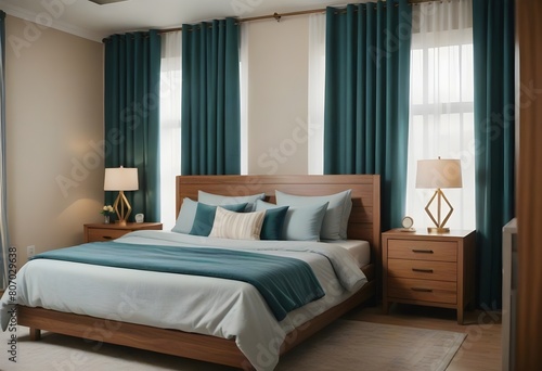  A modern bedroom with a large bed  wooden nightstands  and striped curtains