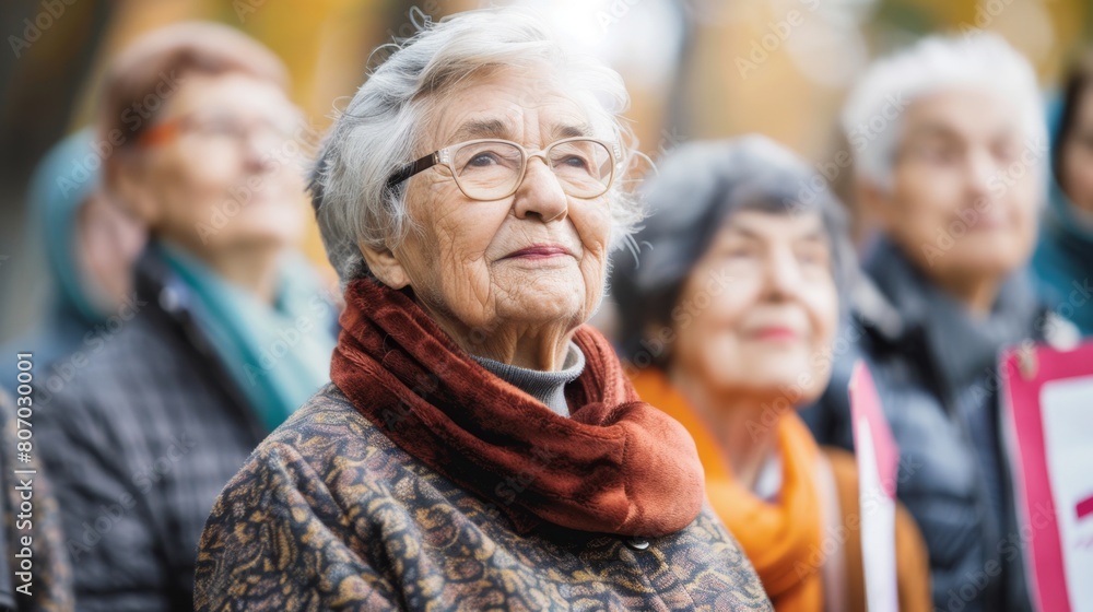 Serene Elderly Asian Woman Enjoying Autumn Day with Friends Outdoors Serene Elderly Asian Woman Enjoying Autumn Day with Friends Outdoors
