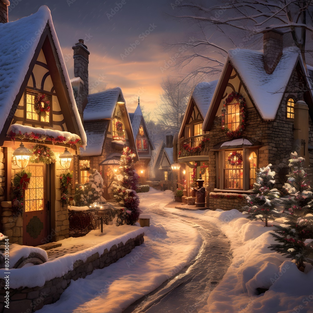 Winter night in a small village in the snow. Christmas and New Year holidays.