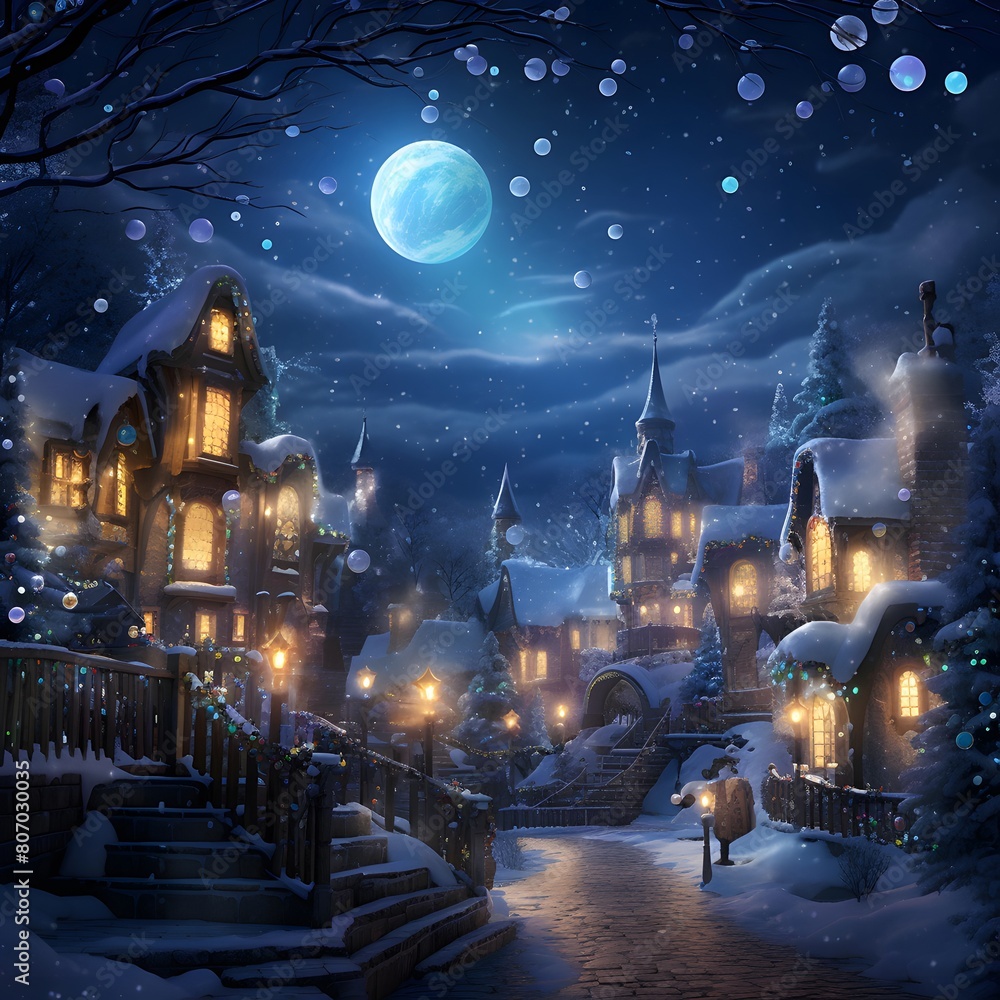 Winter night in the village. Winter fairy tale. Digital painting.