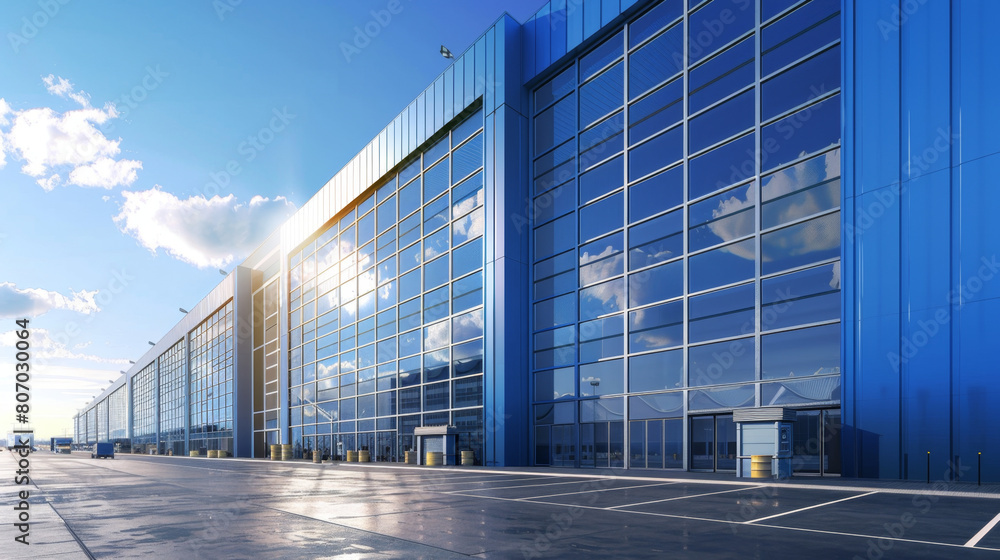 Fototapeta premium A large blue warehouse with an exterior of metal panels and glass windows, set against the backdrop of clear skies on a sunny day. The building is positioned in front of a parking lot
