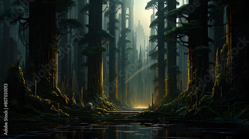 Redwood Cathedral: Depict towering trees as pillars of an ancient temple. photo