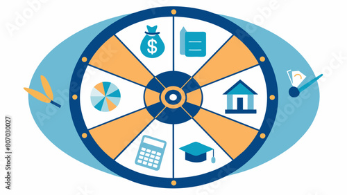 A wheel with multiple spokes with each spoke representing a different aspect of debt tuition housing textbooks etc. but a few broken spokes repaired. Vector illustration