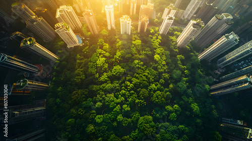 Green Cityscape  Ultra Realistic Aerial View Reflecting Urban Sustainability captured by Drone   Smartphone Concept