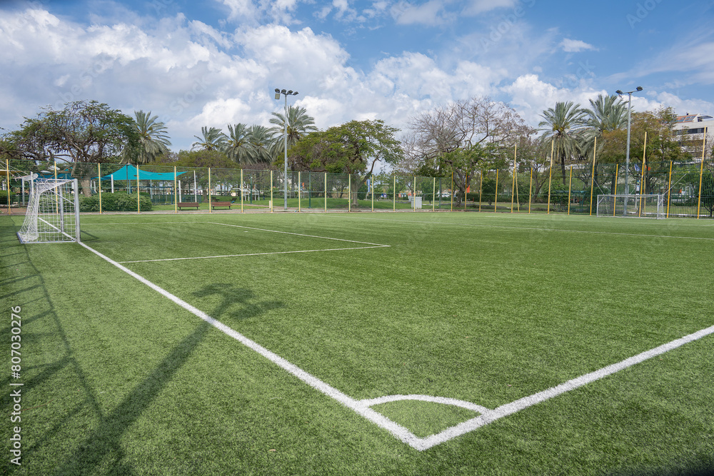 Fototapeta premium Soccer field in Raanana public park, Israel, low perspective view from the corner.