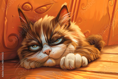Cartoon Caricature of a Grumpy Cat. Generated Image. A digital illustration of a cartoon caricature of a grumpy older cat indoors.