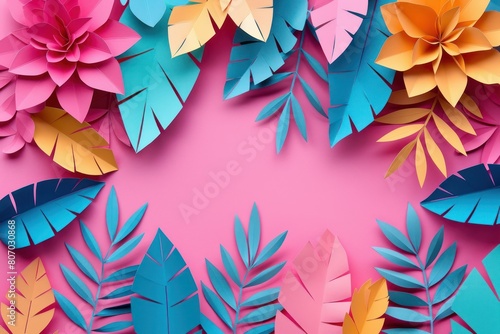 Pink paper flowers and leaves on a pink background.